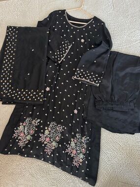Black Embroidered women Dress with Pink Floral Accents